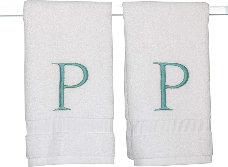 Decorvo منشفة اليد monogrammed teal monogrammed للحمام - جودة الفندق الأولية مزخرفة منشفة فاخرة مطرزة للسبا بمسحوق غرفة سبا - Gots Organic Certified - مجموعة من أحرف P  - Image 1