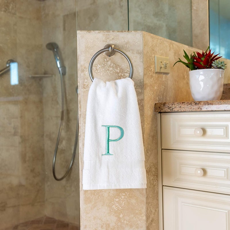 Decorvo منشفة اليد monogrammed teal monogrammed للحمام - جودة الفندق الأولية مزخرفة منشفة فاخرة مطرزة للسبا بمسحوق غرفة سبا - Gots Organic Certified - مجموعة من أحرف P  - Image 5