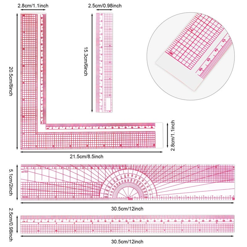 Pelopy 4 Pieces Clear Sewing Ruler Plastic Grid Transparent Ruler Plastic Straight Measuring Tool Set for Clothes Design Sewing(6 Inches, 12 Inches, B75 B-55 B-65 5808) - Image 2