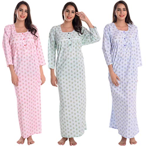 CIERGE Women's Cotton Fabric Full Sleeve Front Button Opening Beautiful Maxi Nighty (Pack of 3) Multicolour Free Size - Image 1