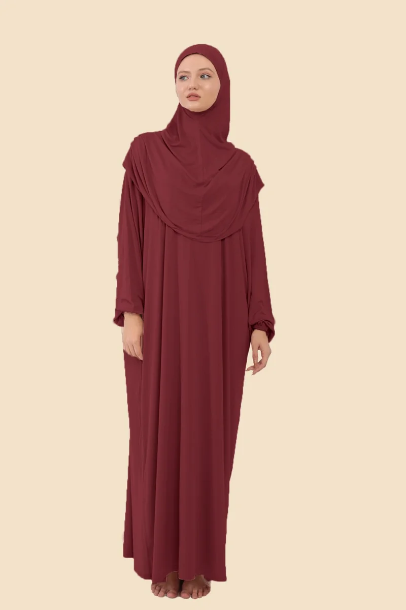 سونباهار مودا Autumn Fashion One Piece Hijab Dress With Headscarf Organic Cotton Elastic Sleeve Non-Slip Combed Fabric