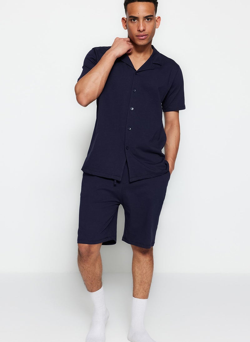 trendyol Navy Blue Unisex Regular Fit Apache Collar Shorts Pajamas Set TMNSS23PT00007 - Image 1