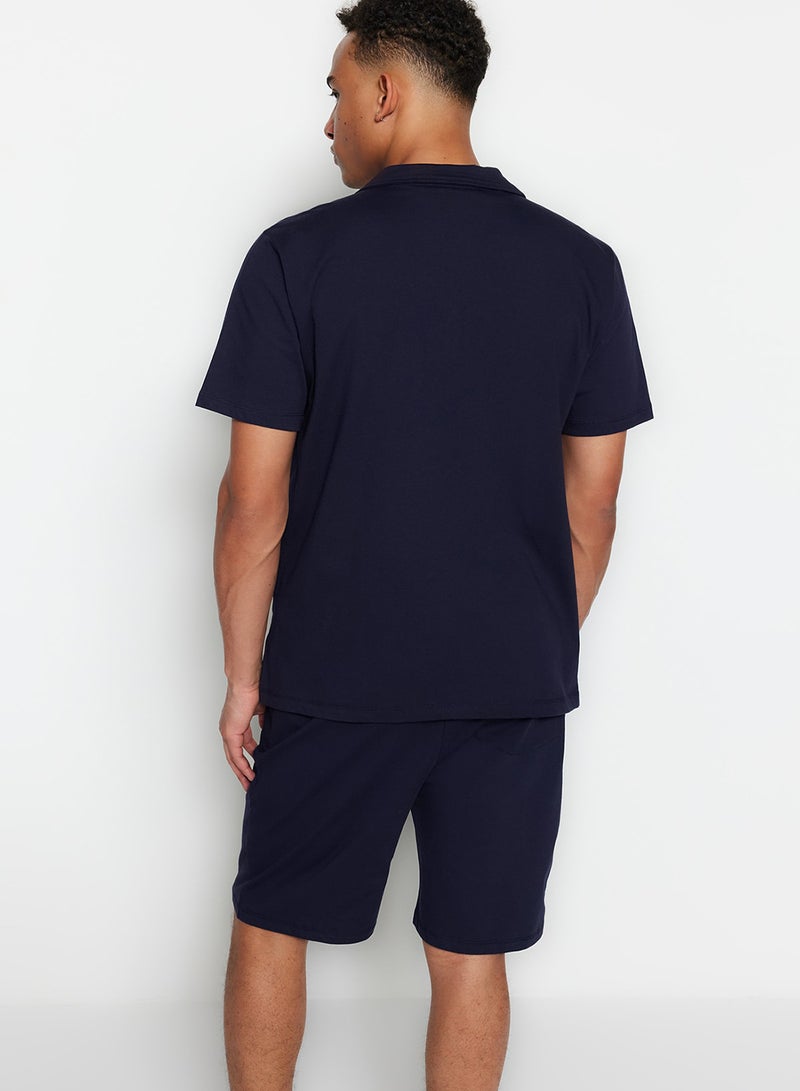 trendyol Navy Blue Unisex Regular Fit Apache Collar Shorts Pajamas Set TMNSS23PT00007 - Image 2