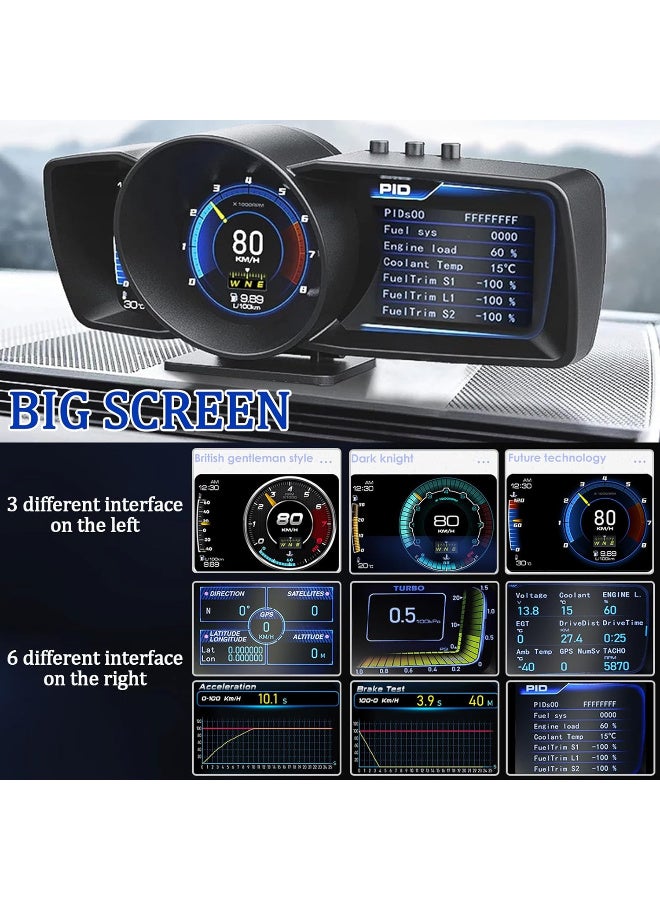 Car HUD Head Up Display with OBD2 + GPS Dual System Digtial Speedometer with 3 LCD Screens A600 Multi-Function Dashboard Computer OBD Mode only for 2012 and Later Cars, GPS Mode for All Cars - Image 3
