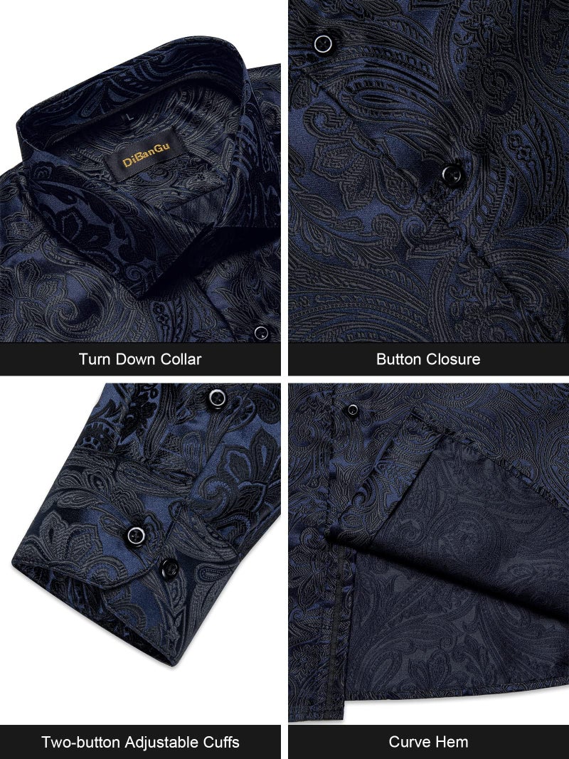DiBanGu Mens Silk Paisley Dress Shirts,Long Sleeve Button Down Shirt Casual Regular Fit Shirt for Men Wedding Party, Navy Blue and Black, X-Large - Image 3