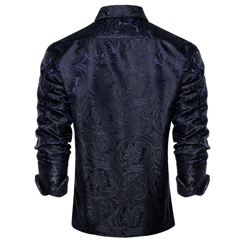DiBanGu Mens Silk Paisley Dress Shirts,Long Sleeve Button Down Shirt Casual Regular Fit Shirt for Men Wedding Party, Navy Blue and Black, X-Large - Image 2