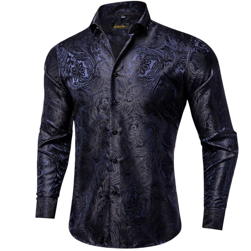 DiBanGu Mens Silk Paisley Dress Shirts,Long Sleeve Button Down Shirt Casual Regular Fit Shirt for Men Wedding Party, Navy Blue and Black, X-Large - Image 1