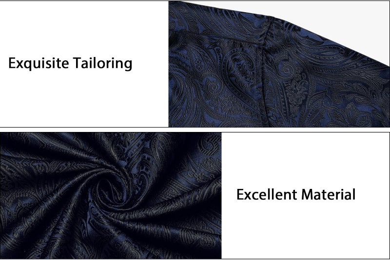 DiBanGu Mens Silk Paisley Dress Shirts,Long Sleeve Button Down Shirt Casual Regular Fit Shirt for Men Wedding Party, Navy Blue and Black, X-Large - Image 4