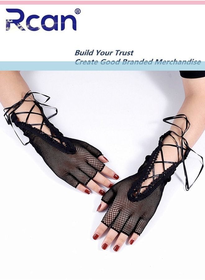 Rcan - Ladies Retro Sunscreen Lace Gloves Bridal Wedding Dress Wrist Accessories Mesh Anti-UV Adjustable Tie Rope Short Half Finger Driving Gloves for Women - Image 1