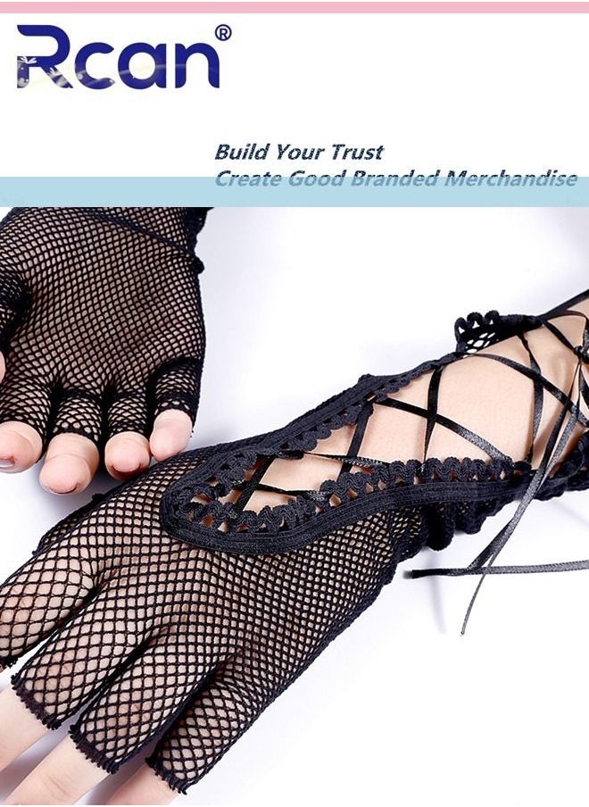 Rcan - Ladies Retro Sunscreen Lace Gloves Bridal Wedding Dress Wrist Accessories Mesh Anti-UV Adjustable Tie Rope Short Half Finger Driving Gloves for Women - Image 1