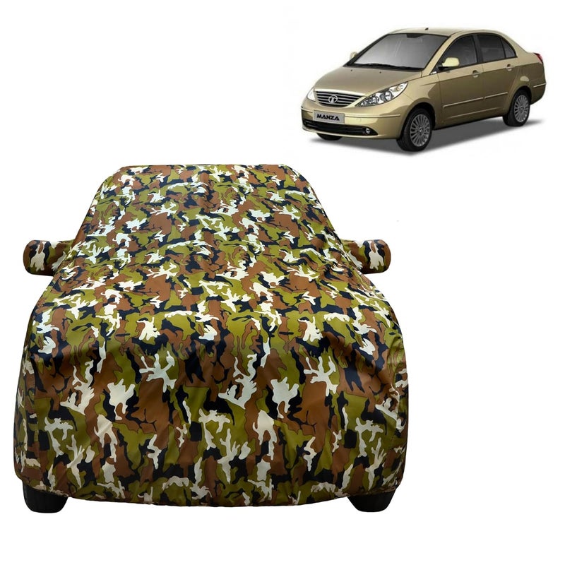 VYAS 100% Waterproof Car Body Cover for Tata Manza (2009-2015) with Mirror Pocket Triple Stitched Belt & Buckle Fitting Dual Elastic, Durable Material Jungle Print Camouflage Design - Image 1