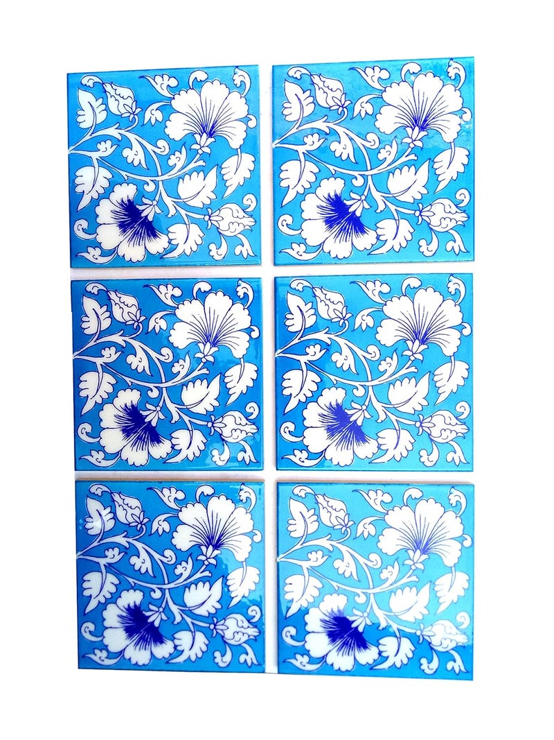Shiv Kripa Blue Pottery Shiv Kripa Blue Pottery Home Decor Tile Ceramic High Lighter Wall Bathroom Tiles 6 x 6 Inch Set of 6 Tiles Sky Blue Multi 