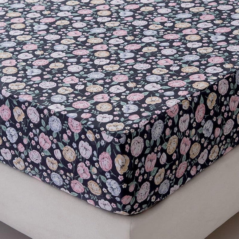 NATURETY Bedding Fitted Sheet with Deep Pocket,Colorful Floral Printed Fabric Bed Sheets(Black Flower,Twin) - Image 2