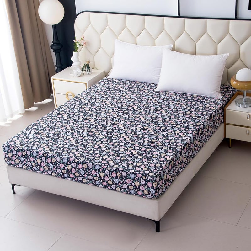NATURETY Bedding Fitted Sheet with Deep Pocket,Colorful Floral Printed Fabric Bed Sheets(Black Flower,Twin) - Image 1