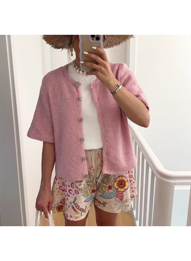 NIBEMINENT Button Up Short Sleeve Cardigans Sweaters Women  Knitted Sweater T-shirt Women Loose Fit Knitwear Tops - Image 1