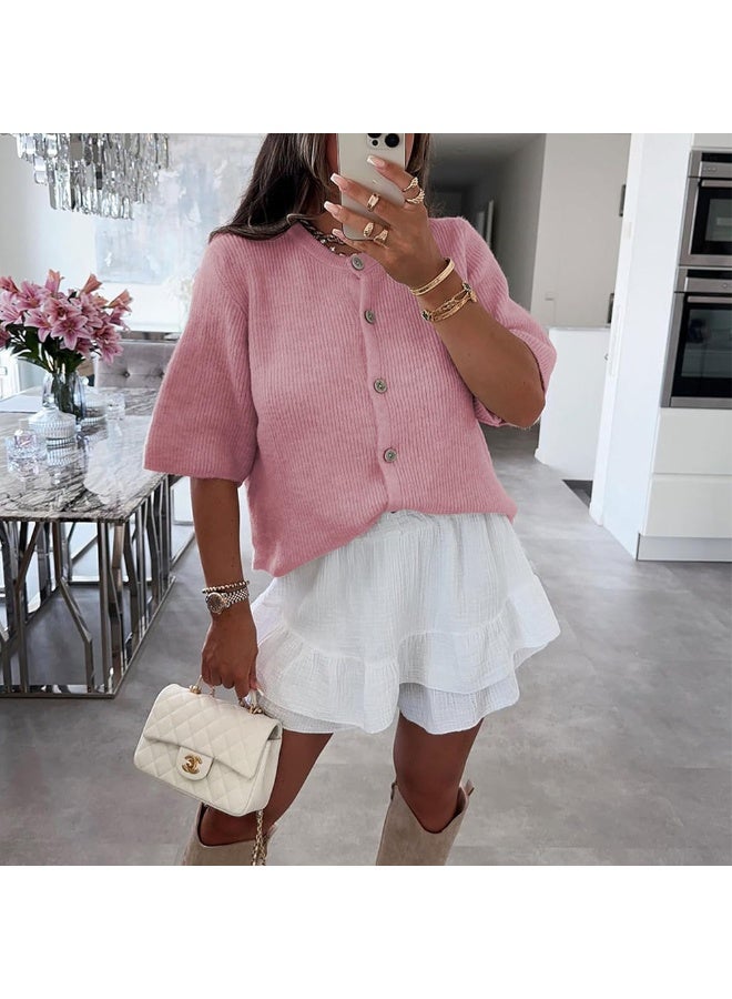 NIBEMINENT Button Up Short Sleeve Cardigans Sweaters Women  Knitted Sweater T-shirt Women Loose Fit Knitwear Tops - Image 2