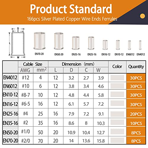 mankk 166 Pcs Wire Ferrules Kits Silver Plated Copper Crimp Terminal Connector 8 Sizes AWG (1/0 2/0 2 4 6 8 10 12) Sleeves Insulated Cord Pin End Terminal M-020 - Image 4