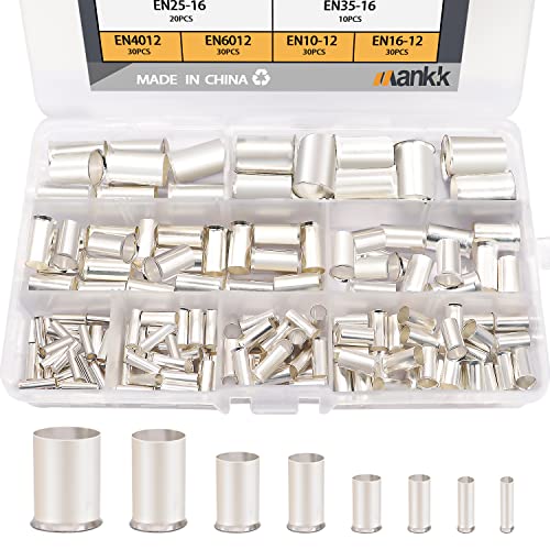 mankk 166 Pcs Wire Ferrules Kits Silver Plated Copper Crimp Terminal Connector 8 Sizes AWG (1/0 2/0 2 4 6 8 10 12) Sleeves Insulated Cord Pin End Terminal M-020 - Image 1