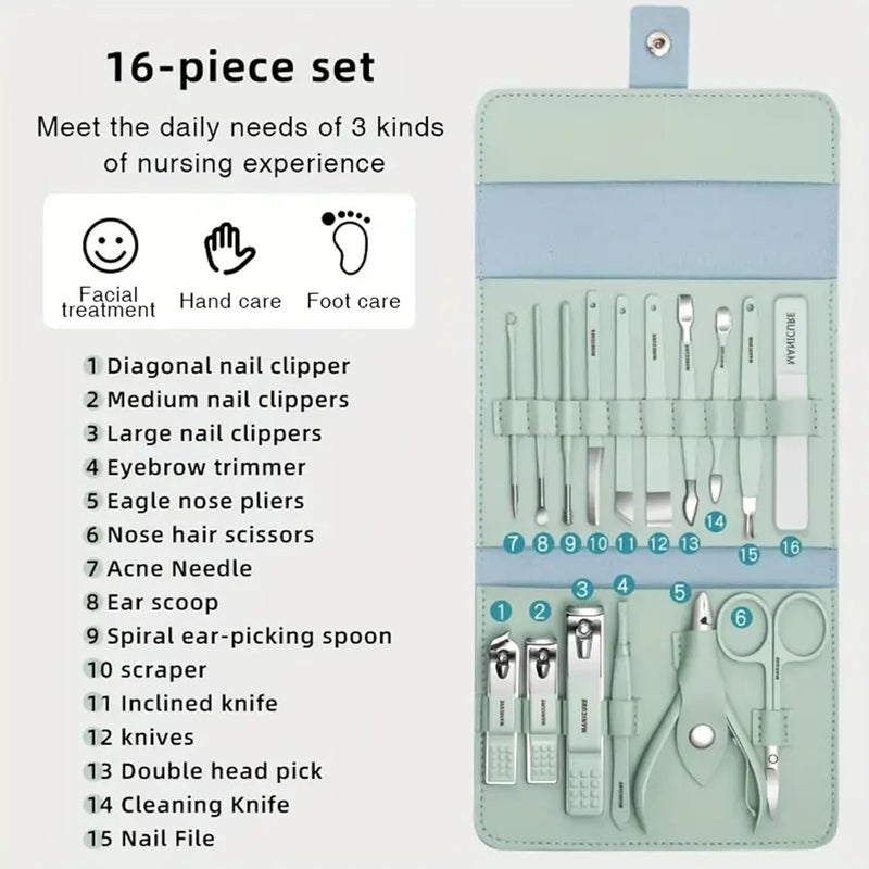 Generic Stainless Steel Professional Manicure Set Nail Cutter Women Nail Scissors Luxury Grooming Kit Manicure Pedicure Kit Women Nail Art Remover needle Multicolor 16 IN 1 Manicure Set - Image 2