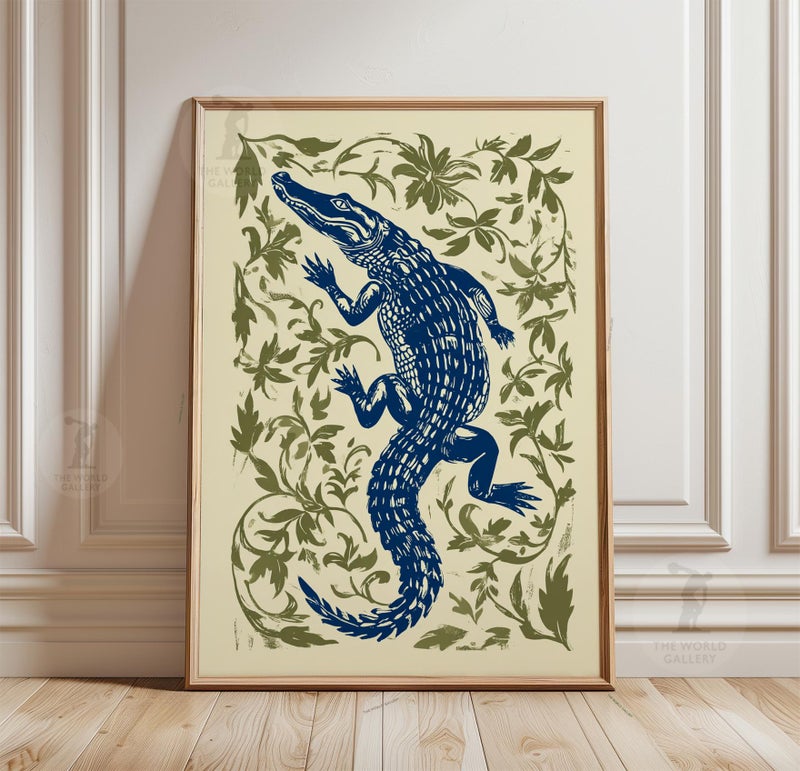 TNESSENTIAL Blue Crocodile Print | Navy Alligator Botanical Illustration Poster - Image 1