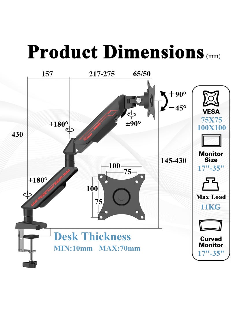 Fydeamer Fydeamer PC Monitor Arm Gaming Monitor Arm 17-35 inches LCD Display Arm Gas Spring VESA 75X75/100X100 Multi Angle Adjustment 11KG/24LBS Load Capacity Single Arm Black  - Image 2