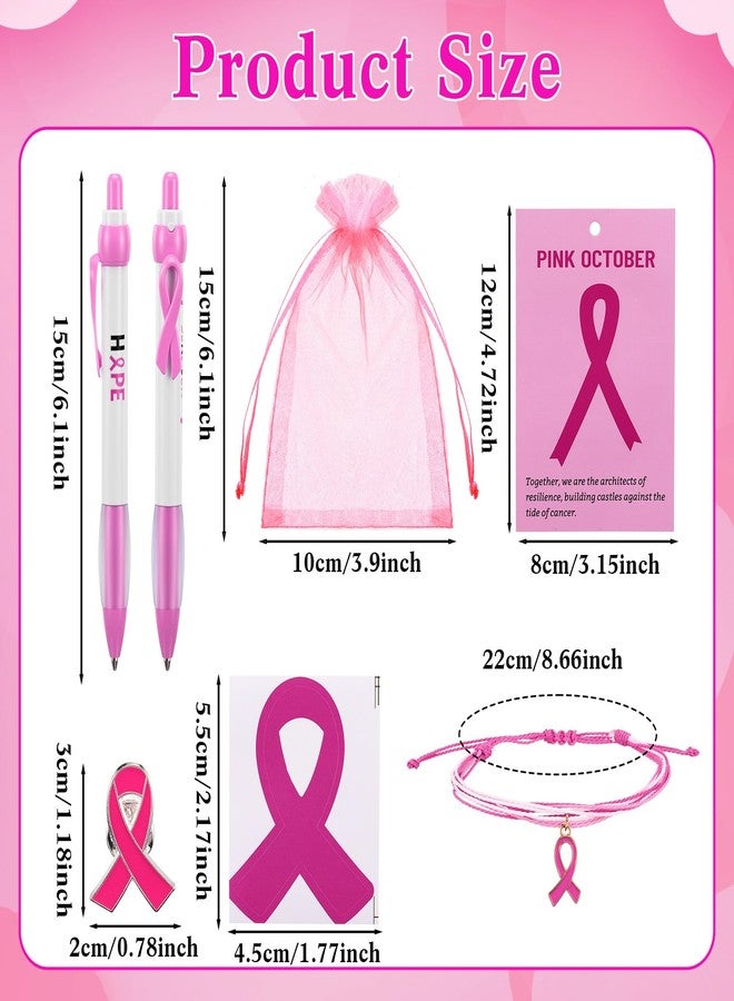 Sherr 210 Pcs Breast Cancer Awareness Accessories 30 Pink Pen 30 Ribbon Pins 30 Ribbon Bracelets 30 Encourage Card 30 Gift Bags 60 Pink Stickers for Breast Cancer Survivors - Image 2