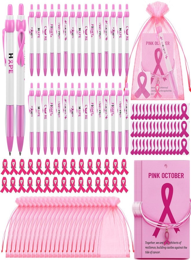 Sherr 210 Pcs Breast Cancer Awareness Accessories 30 Pink Pen 30 Ribbon Pins 30 Ribbon Bracelets 30 Encourage Card 30 Gift Bags 60 Pink Stickers for Breast Cancer Survivors - Image 1