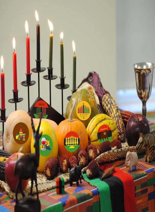 Lucleag 360 PCS Kwanzaa Stickers, Happy Kwanzaa Stickers for Kids, Assorted African American Kinara Candles Sticker for Kwanzaa, Round Kwanzaa Stickers for Candy Sealing Party Decoration - Image 2