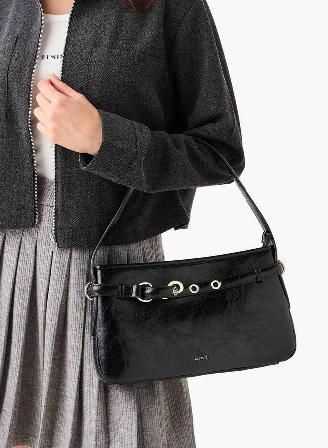 سيليست Textured Shoulder Bag with Buckle Accent