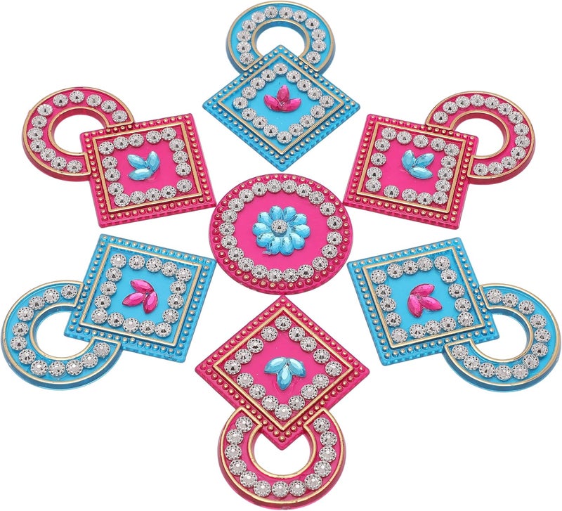Aditri Creation Designer Floor Rangoli Reusable Round Rangoli Acrylic Rangoli Home Floor Decor Gift for Home Interior Floor Indian Traditional Festival Diwali Decorations and Return Gifting (Size:-7")(Pink,Blue) - Image 1