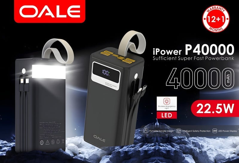 OALE 40000mAh Power Bank, 22.5W Fast Charging, Built-in Type-C & Lightning Cables, Multiple USB Outputs, Flashlight, Black - Image 4