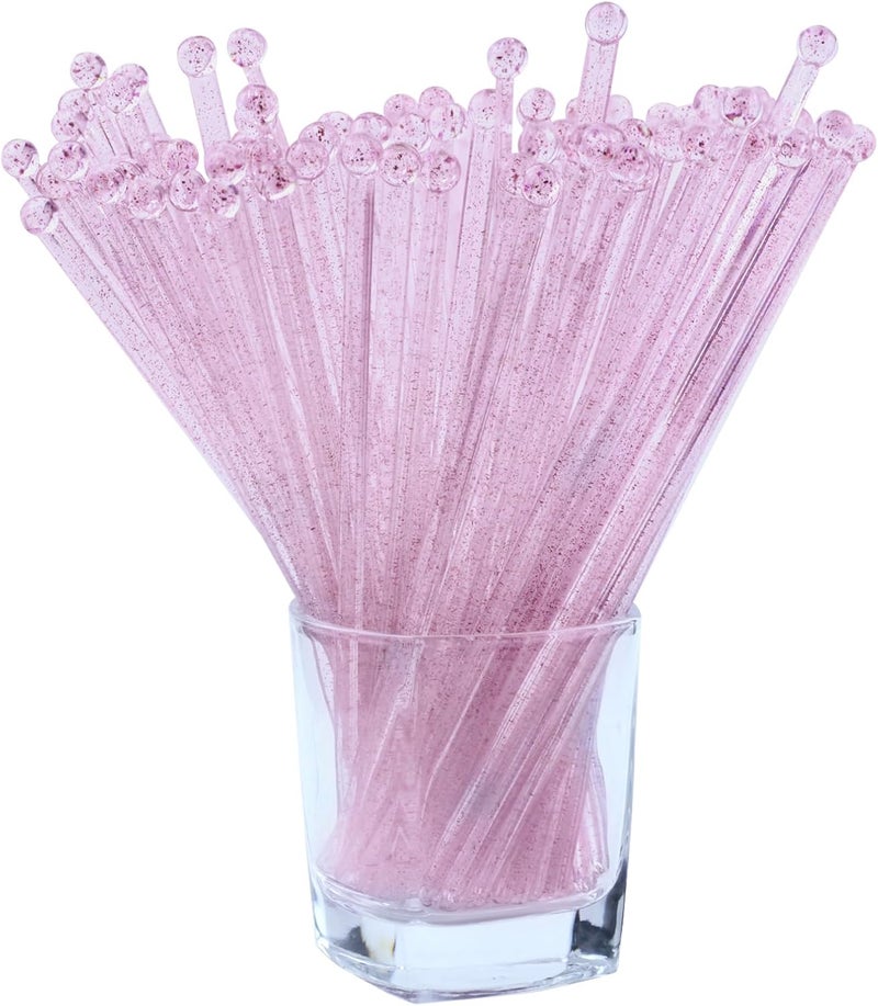 Tdfronien 100 Pieces Disposable Plastic Round Top Clear Swizzle Sticks, Crystal Cake Stick, Cocktail Coffee Drink Stirrers Valentines Day 7.24 Inch (Pink) - Image 1