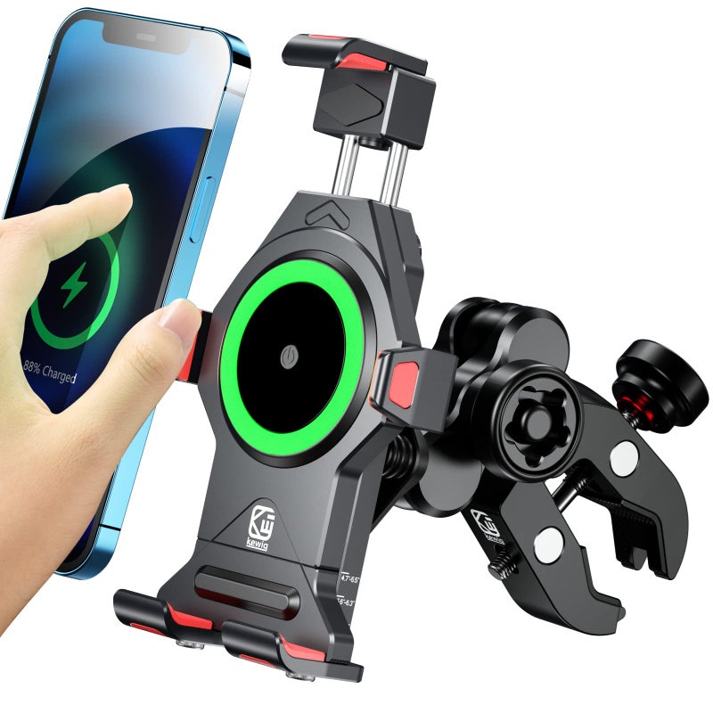 BRCOVAN Motorcycle Phone Mount with 15W Qi Wireless Charger Vibration Dampener Metal AntiTheft AntiShake Adjustable Motorcycle Handlebar Cellphone Holder Fit 4772 Smartphones