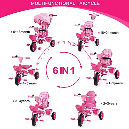 JMMD Baby Trike, 6-in-1 Kids Tricycle with Adjustable Push Handle, Removable Canopy, Safety Harness for 18 Months - 5 Year Old, Pink - Image 2