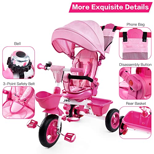 JMMD Baby Trike, 6-in-1 Kids Tricycle with Adjustable Push Handle, Removable Canopy, Safety Harness for 18 Months - 5 Year Old, Pink - Image 4