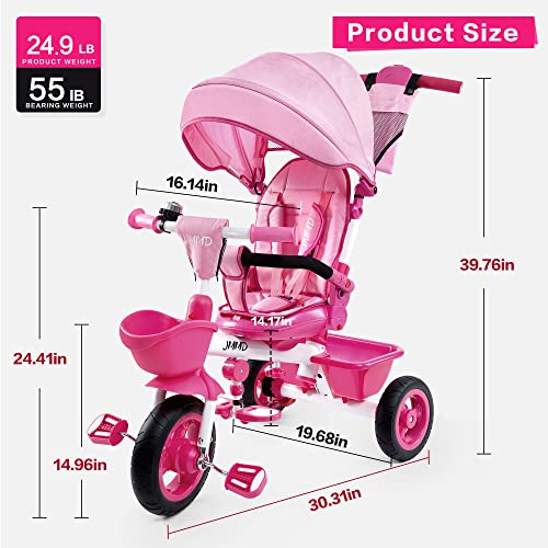 JMMD Baby Trike, 6-in-1 Kids Tricycle with Adjustable Push Handle, Removable Canopy, Safety Harness for 18 Months - 5 Year Old, Pink - Image 5