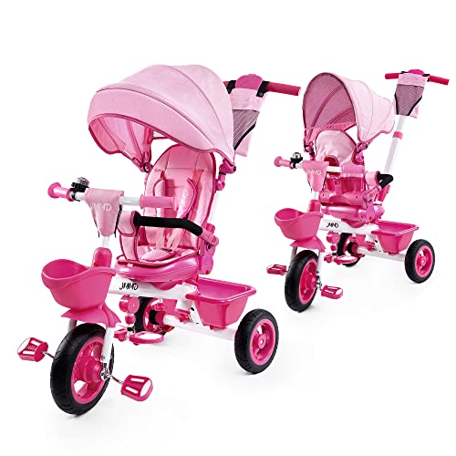 JMMD Baby Trike, 6-in-1 Kids Tricycle with Adjustable Push Handle, Removable Canopy, Safety Harness for 18 Months - 5 Year Old, Pink - Image 1
