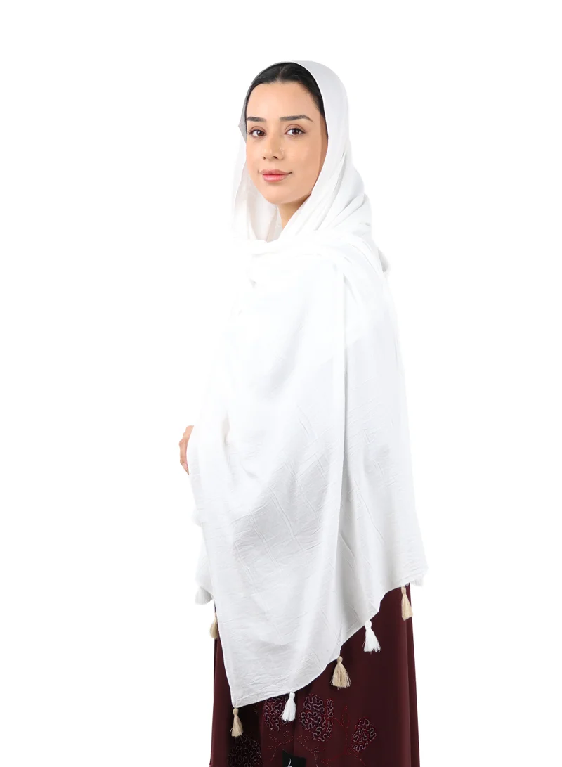 Jameela  Crinkle Cotton Scarf with Tassel Trim (White) for Women | Best Price UAE