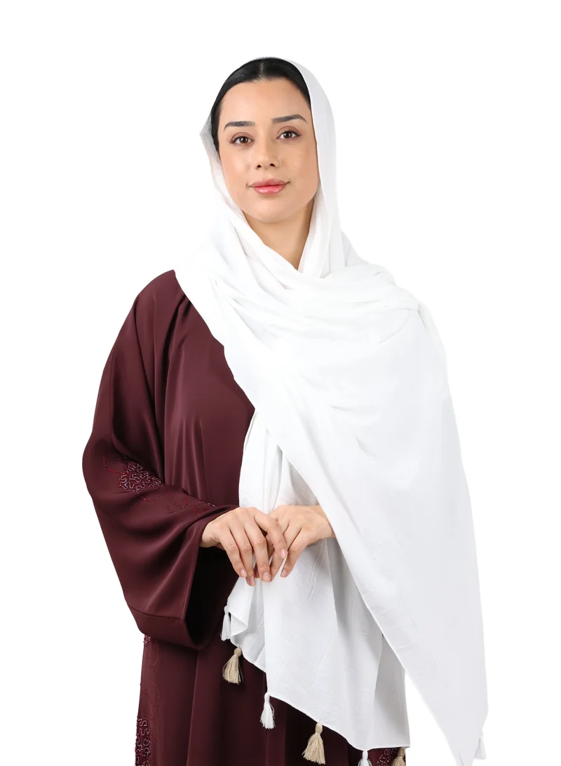 Crinkle Cotton Scarf with Tassel Trim (White)