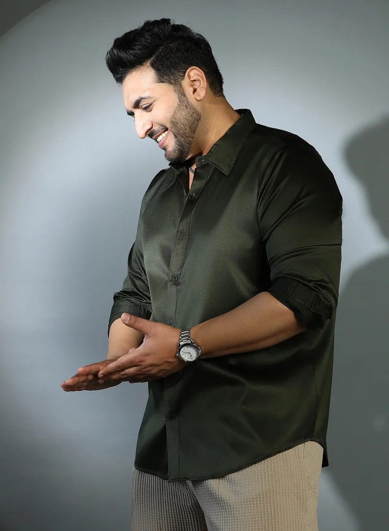 Instafab Plus Instafab Plus Men's Sacramento Green Solid Satin Shirt For Casual Wear | Cuban Collar | Long Cuffed Sleeves | Button Closure | Plus Size Shirt Crafted With Comfort Fit For Everyday Wear