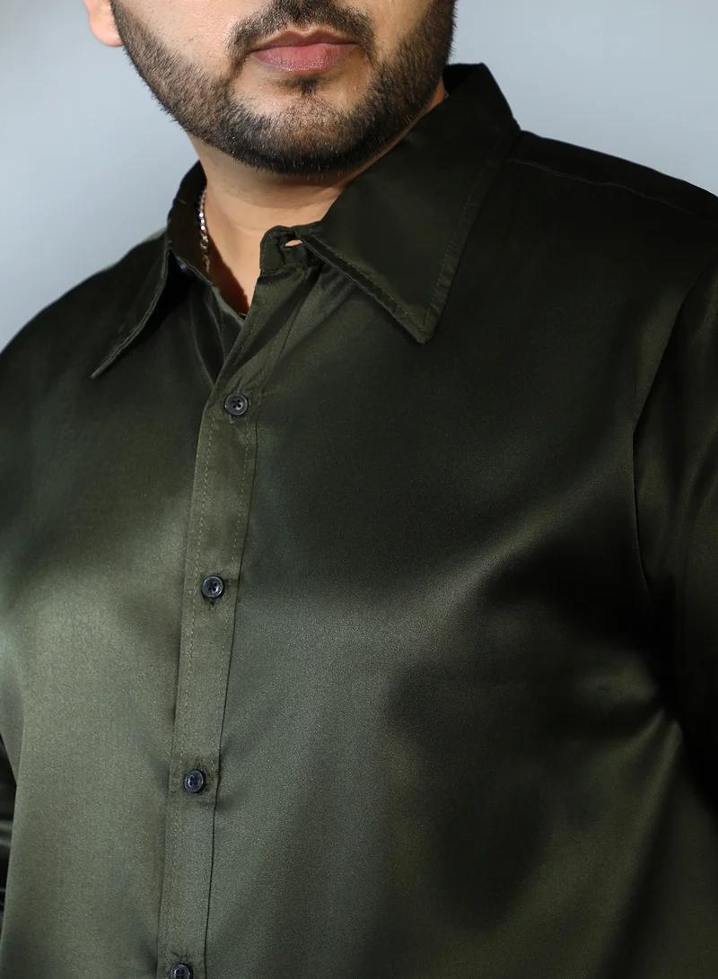 Instafab Plus Instafab Plus Men's Sacramento Green Solid Satin Shirt For Casual Wear | Cuban Collar | Long Cuffed Sleeves | Button Closure | Plus Size Shirt Crafted With Comfort Fit For Everyday Wear