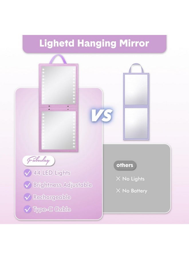 Lighted Hanging Mirror For Dance Backstage - Rechargeable Folding Led Full Length Mirror With Lights For Dancers, Portable Foldable Travel Body Mirror, Brightness Adjustable, Purple
