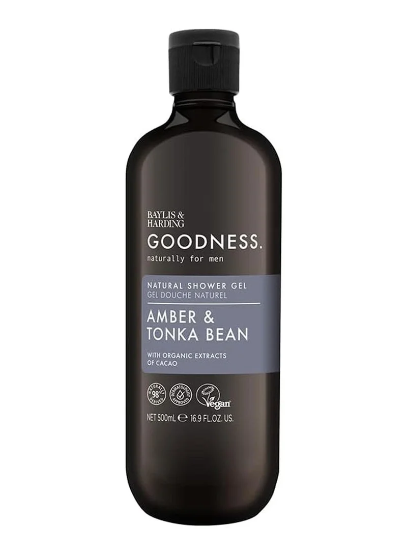 Baylis & Harding Goodness Amber and Tonka Bean Shower Gel for Men, 500ml | Enriched with Organic Cacao Extracts | Plant-Based Body Wash | Vegan and Cruelty-Free | Hydrating and Refreshing Formula