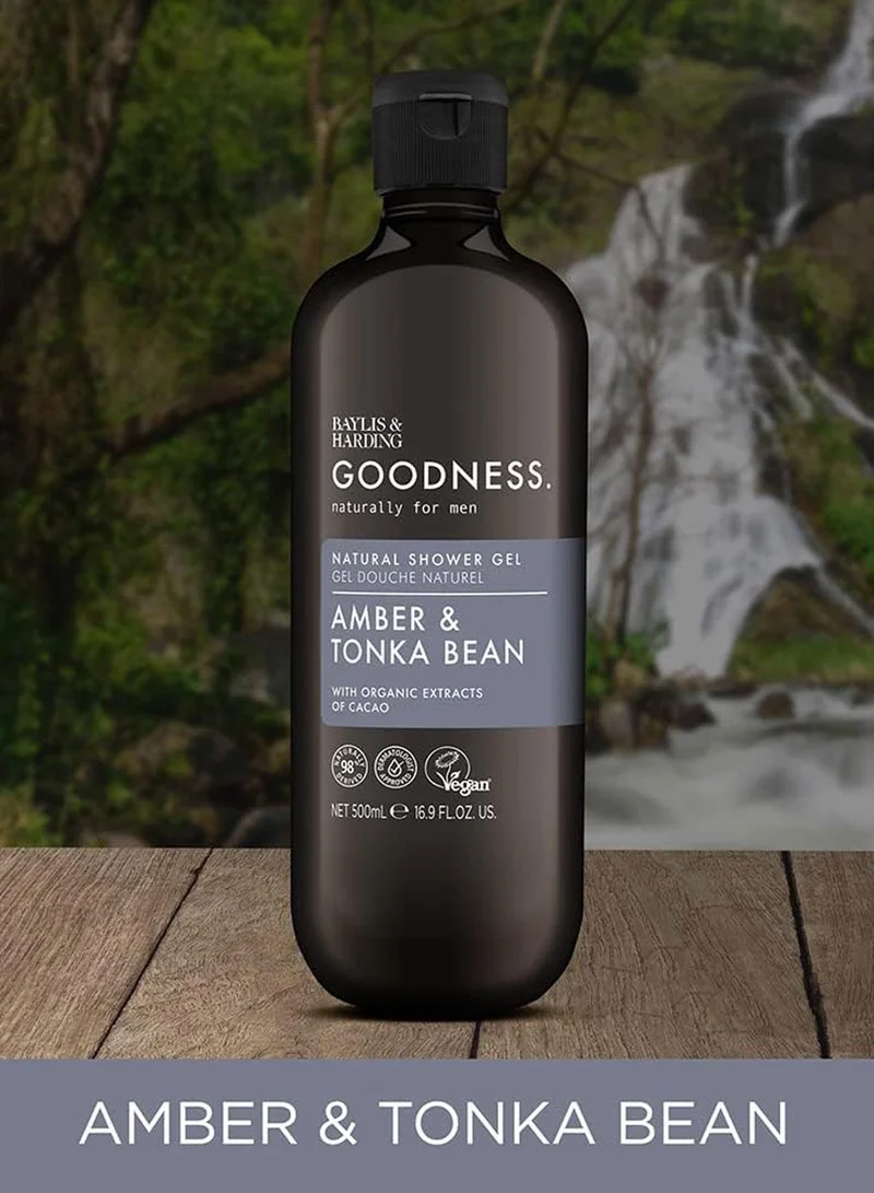 Baylis & Harding Goodness Amber and Tonka Bean Shower Gel for Men, 500ml | Enriched with Organic Cacao Extracts | Plant-Based Body Wash | Vegan and Cruelty-Free | Hydrating and Refreshing Formula
