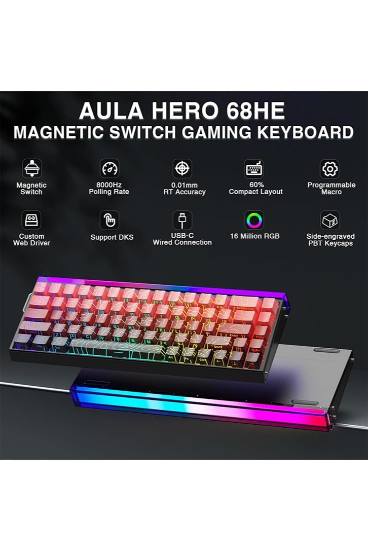 AULA Hero 68 HE 60% Gaming Keyboard Wired, Hall Effect Magnetic Switch Keyboard with 8K Hz Polling Rate, Side Printed PBT Keycaps, RGB Backlit Light Box, Customizable Web Software for PC/Mac Gamers - Image 2