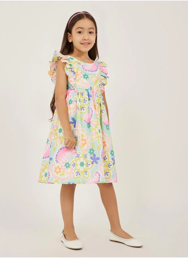 Styli All-Over Print Ruffled Trim A-Line Dress