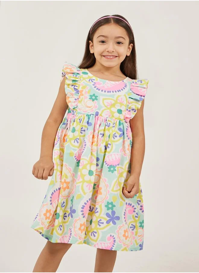 Styli All-Over Print Ruffled Trim A-Line Dress
