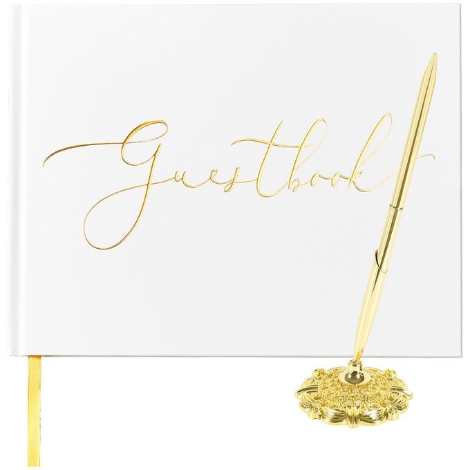 WEDDING GUEST BOOK SIGN IN GUEST BOOK FOR WEDDING RECEPTION 9X7 HARDCOVER GOLD FOIL GUESTBOOK LINED GUESTBOOK BALLPOINT PEN AND PEN HOLDER