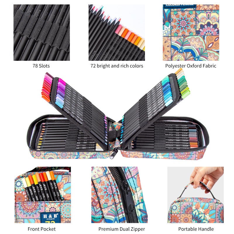 HB H & B 72 Colored Pencils Set with Coloring Book, Eraser, and Sharpener - Perfect for Drawing and Coloring - Soft Oil-Based Cores - Ideal Drawing Gift - Image 2