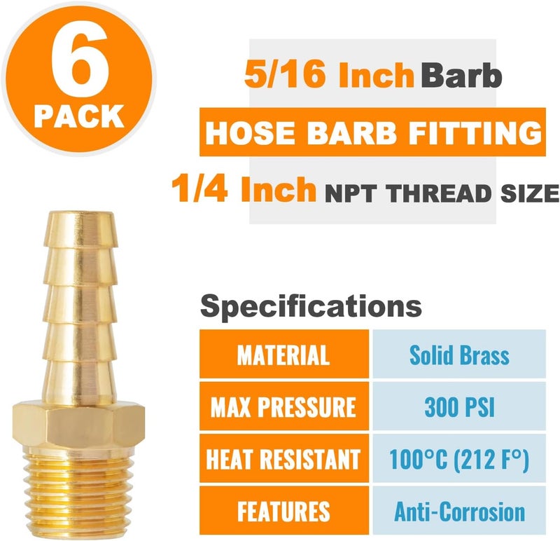 SUNGATOR 6-Pack Hose Barb Fittings 5/16 Inch Barb × 1/4 Inch NPT, Brass Air Hose Fittings, 5/16" to 1/4" NPT Male Pipe Air Line Repair Adapter - Image 4